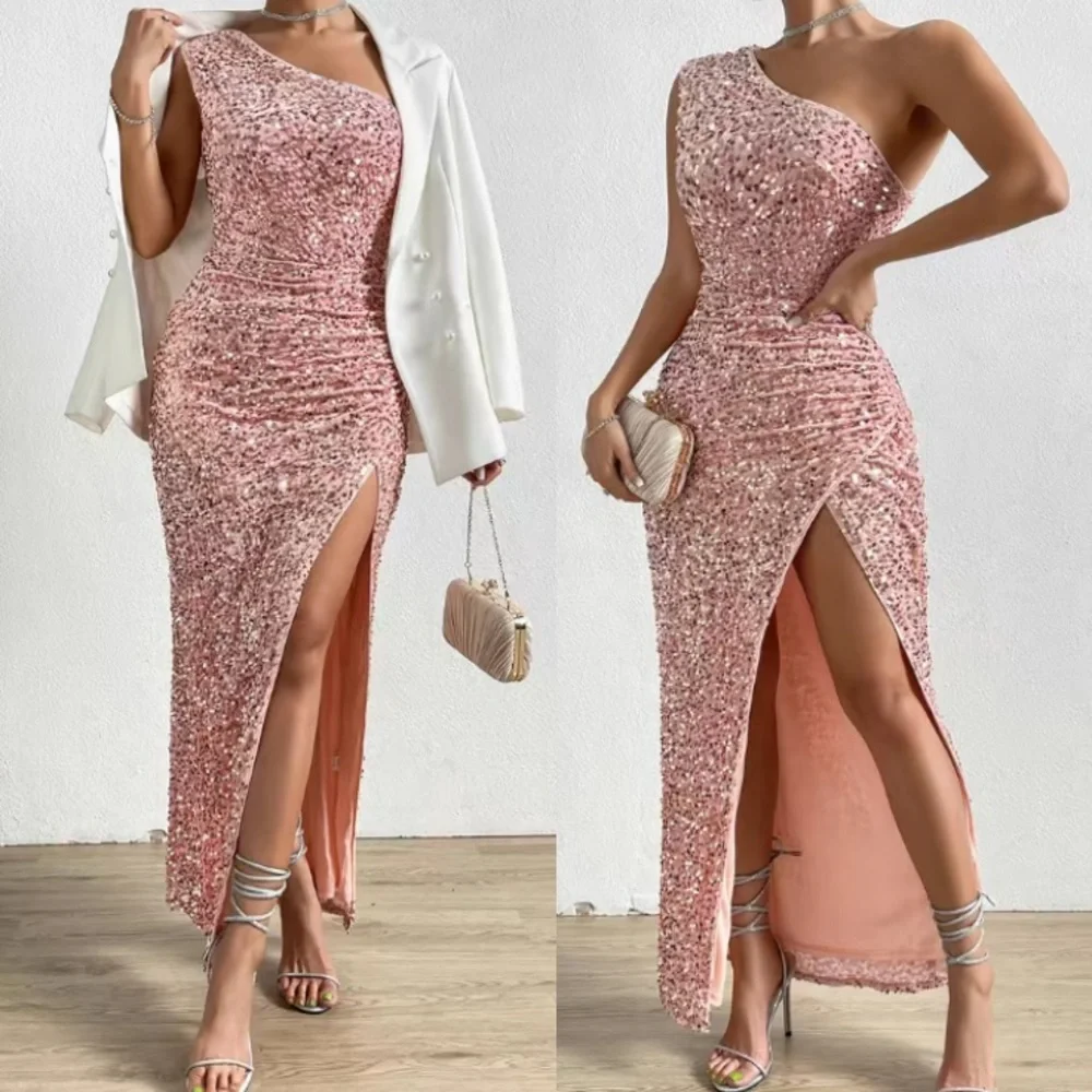 Luxe blue one shoulder slit thigh party formal evening sequins dress - Picture 7 of 16